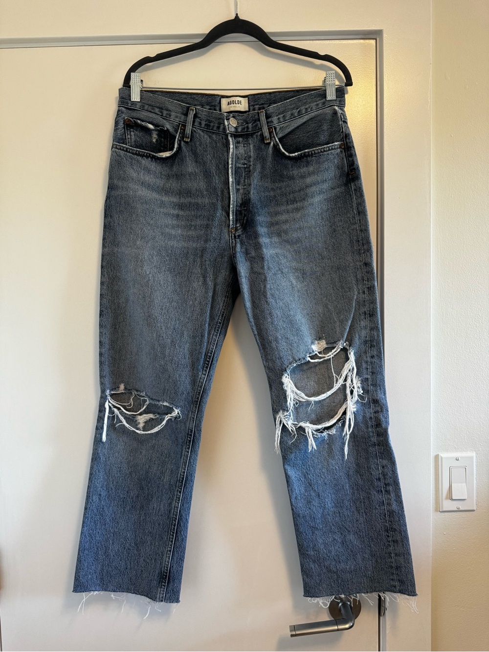AGOLDE 90s Pinch Waist Straight Leg Blue Wash Jeans Size 29 distressed raw hem